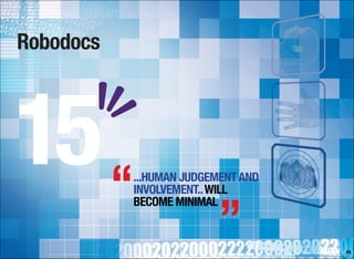 Robodocs
88
...HUMAN JUDGEMENTAND
INVOLVEMENT..WILL
BECOME MINIMAL
15“
”
 