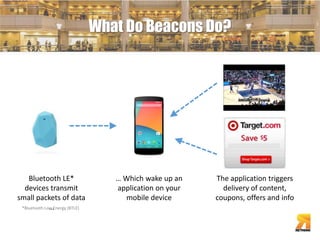 Bluetooth LE* 
devices transmit 
small packets of data 
… 
What Do Beacons Do? 
… Which wake up an 
application on your 
mobile device 
The application triggers 
delivery of content, 
coupons, offers and info 
*Bluetooth Low Energy (BTLE) 
 