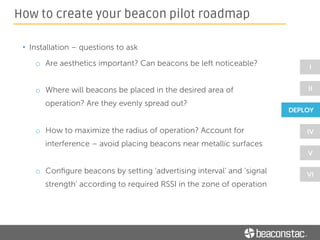 • Integrate your beacon campaigns with your marketing and
customer-engagement strategies
• Use a beacon platform that has good content management
capabilities
o Choose a CMS that allows you to deliver various kinds of
notifications – text messages, multimedia files etc.
How to create your beacon pilot roadmap
 