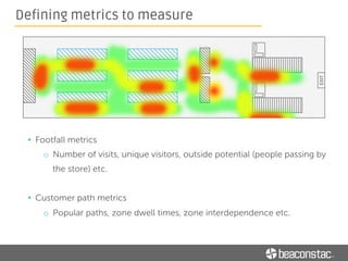 • Loyalty metrics
o Repeat visitors, visit frequency etc.
• Beaconstac dashboard helps you assess all such metrics around a beacon
campaign visually
o eg: Rules performance chart, Visitor analytics page etc.
Defining metrics to measure
 