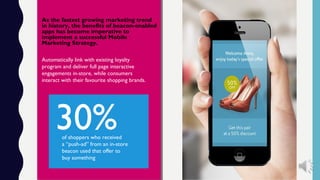30%of shoppers who received
a “push-ad” from an in-store
beacon used that offer to
buy something
As the fastest growing marketing trend
in history, the benefits of beacon-enabled
apps has become imperative to
implement a successful Mobile
Marketing Strategy.
Automatically link with existing loyalty
program and deliver full page interactive
engagements in-store, while consumers
interact with their favourite shopping brands.
 