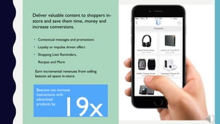 Deliver valuable content to shoppers in-
store and save them time, money and
increase conversions.
• Contextual messages and promotions
• Loyalty or impulse driven offers
• Shopping Lists Reminders,
Recipes and More
Earn incremental revenues from selling
beacon ad space in-store.
19x
Beacons can increase
interactions with
advertised
products by
 