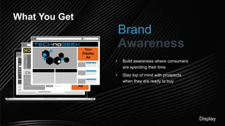 What You Get
News
Your
Display
AdYour
Display
Ad
Your
Display
Ad
Brand
Awareness
• Build awareness where consumers
are spending their time
• Stay top of mind with prospects
when they are ready to buy
Display
 