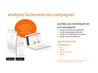 depuis votre
application mobile
Orange Beacon ou
votre web
d’administration
accédez aux statistiques de
vos campagnes
• nombre de personnes détectées
• nombre de passages détectés
• nombre de notifications envoyées
• temps moyen de présence
qualification de
l’audience*
• âge
• genre
• lieu de résidence
• geolife
* représentative et basée sur les clients du réseau Orange
France en conformité avec les autorisations CNIL
analysez facilement vos campagnes
 