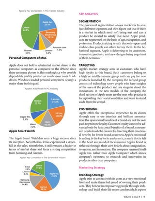 Volume 5, Issue 9 | 19
Personal Computers of MAC
Apple does not hold a substantial market share in the
personal computers as compared to the iPhone since
there are many players in this marketplace who provide
dependable quality products at much lower costs.In ad-
dition, Windows loaded personal computers occupy a
major share in this quad.
Apple Smart Watch
The Apple Smart Watchhas seen a huge success since
its inception. Nevertheless, it has experienced a down-
fall in the sales, nonetheless, it still remains a leader in
terms of market share and faces a strong competition
from Samsung and Garmin.
STP ANALYSIS
SEGMENTATION
The process of segmentation allows marketers to ana-
lyze different segments and then figure out that if there
is a market in which need isn’t being met and can a
product be created to satisfy that need. Apple prod-
ucts are segmented on the basis of age, occupation, and
profession. Product pricing is such that only upper and
middle-class people can afford to buy them. In the be-
havioral segment, Apple is delivering to its customers,
innovative products, and new designs being cognizant
of their demands.
TARGETING
Apple’s market strategy aims at customers who have
high loyalty to this brand. Such customers belong to
a high or middle-income group and can pay for new
products launched by the company.The second group
consists of technology savvy people who have insights
of the uses of the product and are singular about the
innovations in the new models of the company.The
third section of Apple users are the ones who practice it
for upholding their social condition and want to stand
aside from the crowd.
POSITIONING
Apple offers the exceptional experience to its clients
through easy to use interface and brilliant presenta-
tion.The operational benefits of a brand are not the sole
path to promote loyalty.Customer loyalty cannot be ad-
vanced only by functional benefits of a brand, consum-
ers’ needs should be created by directing their emotion-
al benefits for better brand awareness.Apple’s emotional
branding is the key to its endurance; a mark that is felt
in the heart and mind of the consumer.Apple’s brand is
reflected through their core beliefs about imagination,
invention, and innovation. The company renamed itself
Apple Inc. rather than Apple Computer which shows
company’s openness to research and innovation in
products other than computers.
Marketing Strategy
Branding Strategy
Apple tries to connect with its users at a very emotional
level and make them feel proud of owning their prod-
ucts. They believe in empowering people through tech-
nology and build their life more comfortable.It aspires
 