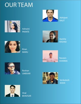4 | Sept 2017
OUR TEAM
Abhijeet
RAUT
Viral
BHAVSAR
Venkatesh
JOSHI
Roshan
UMEKAR
Naveen
SHARMA
Kiran
MARU
Ayesha
RASHID
Ashwini
PARATE
 