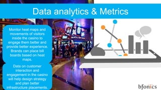 Data analytics & Metrics
Monitor heat maps and
movements of visitors
inside the casino to
engage them better and
provide better experience.
Brands can place bill
boards based on heat
maps.
Data on customer
interaction and
engagement in the casino
will help design strategy
and plan better
infrastructure placements.
 