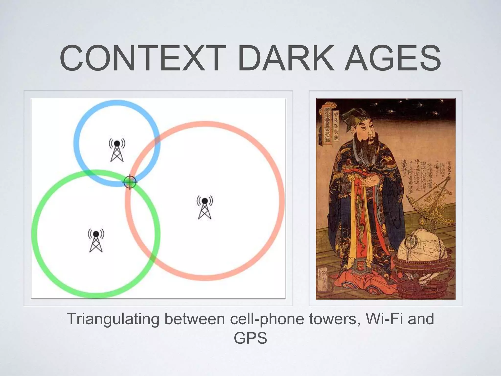 Triangulating between cell-phone towers, Wi-Fi and
GPS
CONTEXT DARK AGES
 