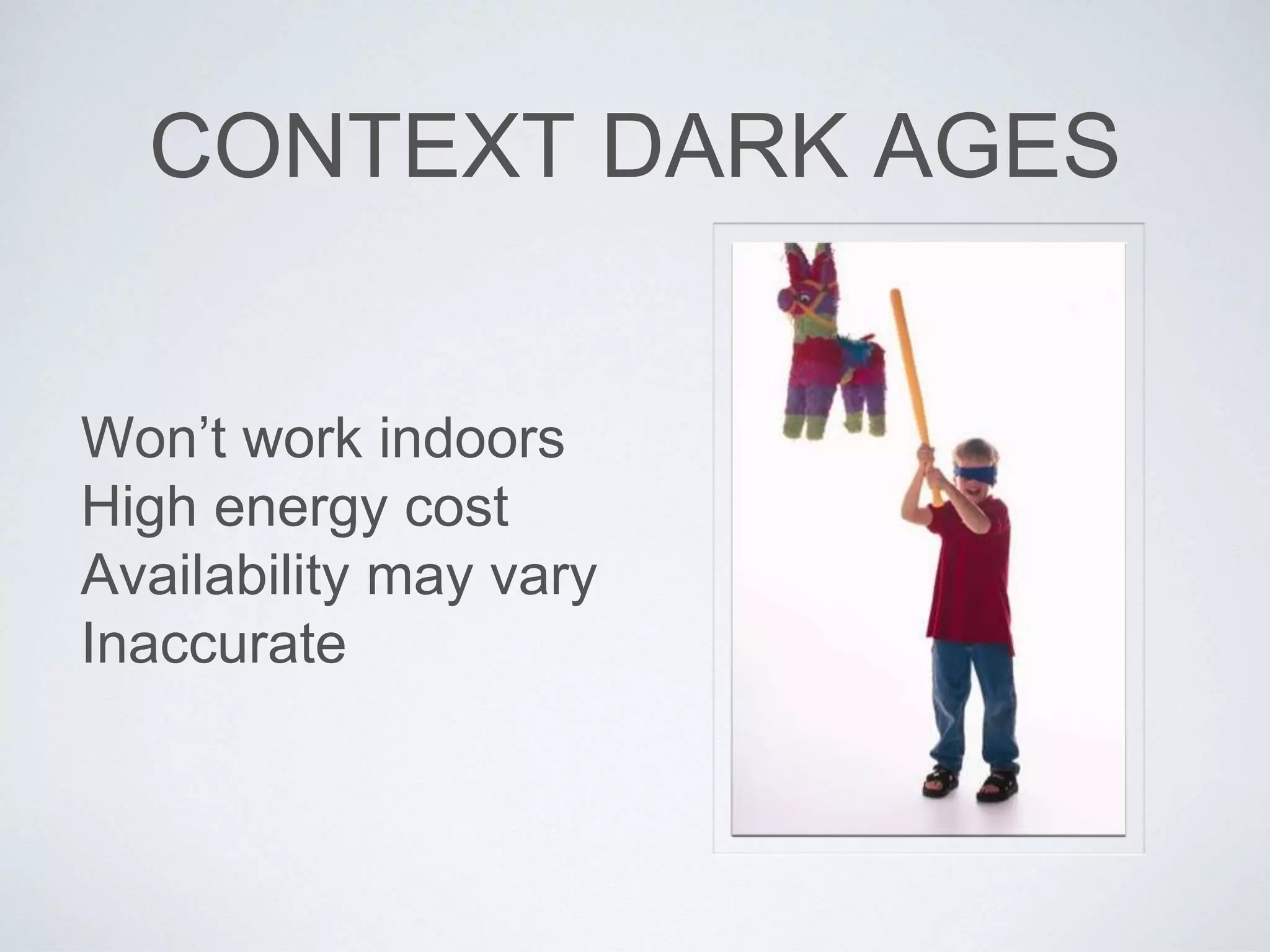 CONTEXT DARK AGES
Won’t work indoors
High energy cost
Availability may vary
Inaccurate
 