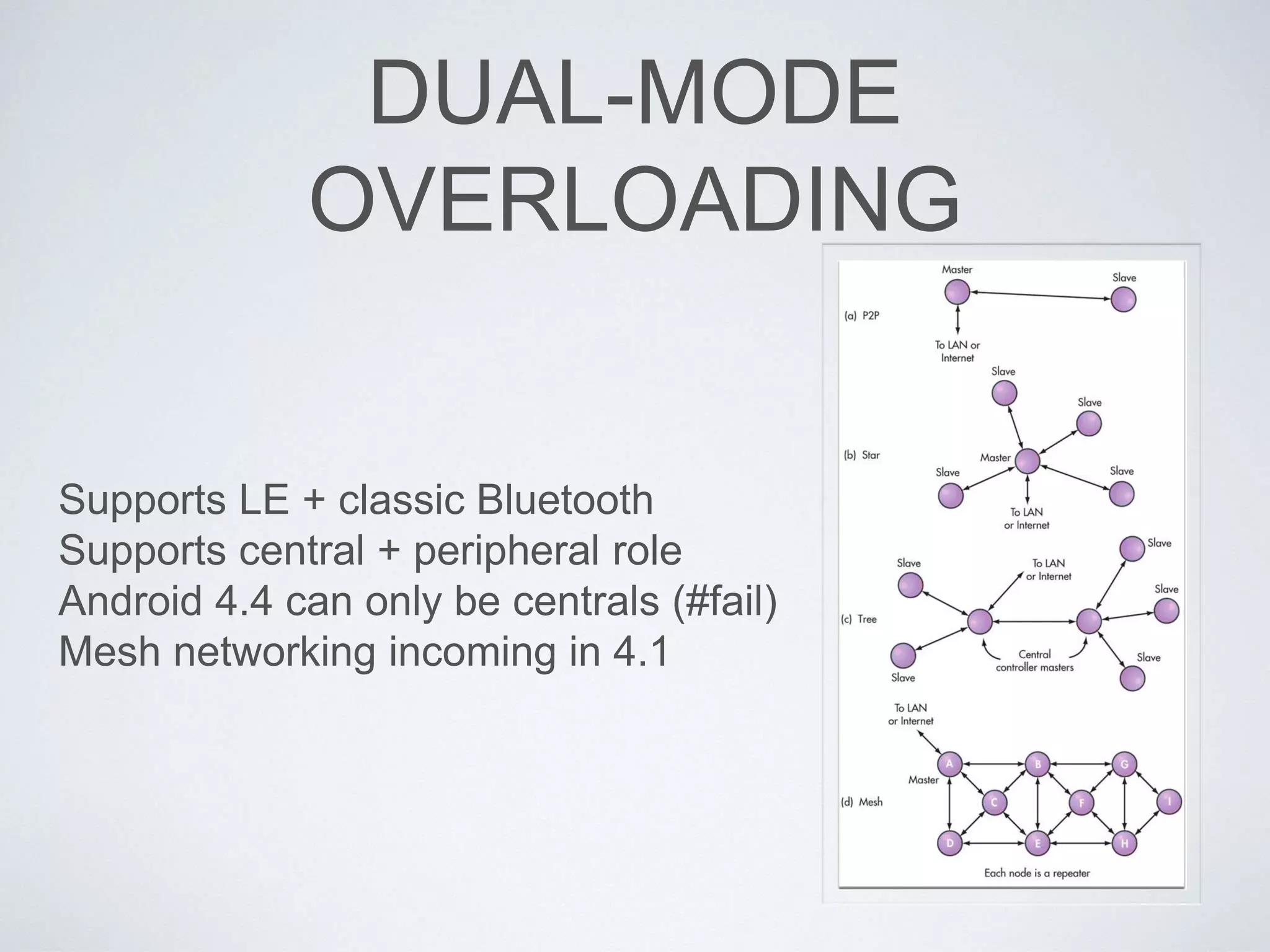 DUAL-MODE
OVERLOADING
Supports LE + classic Bluetooth
Supports central + peripheral role
Android 4.4 can only be centrals (#fail)
Mesh networking incoming in 4.1
 