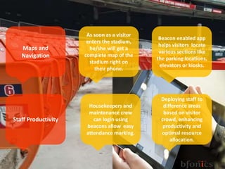 Maps and
Navigation
Deploying staff to
difference areas
based on visitor
crowd, enhancing
productivity and
optimal resource
allocation.
Housekeepers and
maintenance crew
can login using
beacons allow easy
attendance marking.
Beacon enabled app
helps visitors locate
various sections like
the parking locations,
elevators or kiosks.
As soon as a visitor
enters the stadium,
he/she will get a
complete map of the
stadium right on
their phone.
Staff Productivity
 