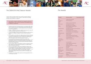 The 2009-2010 AoC Beacon Awards                                                 The Awards


    The AoC Beacon Awards recognise and commend exemplary initiatives
    (which can be programmes, courses, projects or other forms of teaching,         SPONSOR                   FOCUS OF AWARD                        GEOGRAPHICAL FOCUS
    learning, advice, guidance or support).
                                                                                    AQA                       College/School Partnerships                              UK

                                                                                    Association of            Widening Participation                                   UK
       • New projects or initiatives which have not completed a full cycle of       Colleges
         implementation so that evidence of outcomes is unavailable will not
                                                                                    Becta                     Excellence in the Use of Technology                      UK
         be eligible for consideration.
                                                                                    British Council           International Student Support                            UK

                                                                                    CLA                       Promoting the Value of Copyright                         UK
       • Awards take the form of monetary grants of, on average, £5,000 which       CoLRiC                    Effective Integration of Libraries/LRC                   UK
         will be awarded on the clear understanding that the total monies will                                in Curriculum Delivery
         be set against expenditures incurred taking forward the development
                                                                                    Christian Churches        Partnerships that Recognise Diversity and Develop        UK
         of each winning initiative.
                                                                                                              People and Communities
       • Colleges are defined as institutions which were incorporated under the
         Further and Higher Education Act 1992 (the Act).                           City & Guilds             Staff Development in Further Education                   UK

       • Awards are designed at the discretion of the sponsors as UK Awards or      DCSF                      Successful Delivery of Level 3 Qualifications       England
         as Awards for colleges in England, Northern Ireland, Scotland or           DCSF, DIUS and LSC        Smarter Procurement                                 England
         Wales.                                                                     Edexcel                   Lifelong Learning                                        UK
       • It is a condition of entry that each college gaining an Award undertakes   Edge                      Practical Teaching and Practical Learning                UK
         to inform its community about its achievement and about the support
         and interest provided by the sponsor. It should also undertake to          FENC                      Creative Production, Adaptation and Delivery             UK
         inform the sponsor of how the Award money was used.                                                  of Learning Resources

       • It is expected that within approximately three months of the               Jardine Lloyd             Health and Community Care                                UK
         announcement of the Award, the winning college will organise a Local       Thompson Benefit
         Presentation Ceremony in consultation with the sponsor to allow for        Solutions
         maximum media coverage. The AoC Beacon Awards office should be
         advised of the arrangements.                                               LSC                       14-19 Collaboration                                 England

       • Award winning colleges are permitted to use the AoC Beacon Awards          LSC                       College Engagement with Employers                   England
         logo with the year of the programme beneath it on college headed           LSC                       Equality and Diversity                              England
         paper, promotional material etc.                                           LSIS                      Leadership of Innovation in Curriculum              England
       • Letters of commendation will be sent to shortlisted colleges on the                                  Development
         recommendation of the AoC Beacon Award Assessors and the Steering          Make Your Mark            Enterprise                                               UK
         Group. Highly Commended colleges are entitled to use the AoC
         Beacon Awards logo with ‘Highly Commended (year)’ beneath it. The          Mercers                   Science and Mathematics                                  UK
         logo is available from the AoC Beacon Awards office. Highly                Network for Black         Promoting Race Equality                                  UK
         Commended colleges will also be sent certificates testifying to their
                                                                                    Professionals
         achievements.
                                                                                    OCR                       Functional Skills                                        UK
       • A summary list of Awards, their sponsors and the geographical focus
         of each appears opposite.                                                  RNIB and Mencap           Students with Learning Difficulties and/or               UK
                                                                                                              Disabilities

                                                                                    Welsh Assembly            College Engagement with Employers                      Wales
                                                                                    Government




    further education - serving the needs of a better society and strong economy                further education - serving the needs of a better society and strong economy
4                                                                                                                                                                              5
 