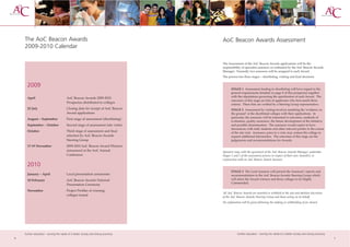 The AoC Beacon Awards                                                          AoC Beacon Awards Assessment
    2009-2010 Calendar

                                                                                   The Assessment of the AoC Beacon Awards applications will be the
                                                                                   responsibility of specialist assessors co-ordinated by the AoC Beacon Awards
                                                                                   Manager. Normally two assessors will be assigned to each Award.
                                                                                   The process has three stages – shortlisting, visiting and final decisions


      2009
                                                                                         STAGE 1 Assessment leading to shortlisting will have regard to the
                                                                                         general requirements detailed on page 8 of this prospectus together
      April                             AoC Beacon Awards 2009-2010                      with the stipulations governing the specification of each Award. The
                                                                                         outcomes of this stage are lists of applicants who best match these
                                        Prospectus distributed to colleges
                                                                                         criteria. These lists are verified by a Steering Group representative.
      22 July                           Closing date for receipt of AoC Beacon           STAGE 2 Assessment by visiting involves matching the ‘evidence on
                                        Award applications                               the ground’ at the shortlisted colleges with their applications. In
                                                                                         particular, the assessors will be interested in outcomes, methods of
      August – September                First stage of assessment (shortlisting)
                                                                                         evaluation, quality assurance, the future development of the initiative
      September – October               Second stage of assessment (site visits)         and possible dissemination. The assessors would expect to have
                                                                                         discussions with staff, students and other relevant parties in the course
      October                           Third stage of assessment and final              of the site visit. Assessors, prior to a visit, may contact the college to
                                        selection by AoC Beacon Awards                   request additional information. The outcomes of this stage are the
                                        Steering Group                                   judgements and recommendations for Awards.
      17-19 November                    2009-2010 AoC Beacon Award Winners
                                        announced at the AoC Annual                Sponsors may, with the agreement of the AoC Beacon Awards Manager, undertake
                                        Conference                                 Stages 1 and 2 of the assessment process in respect of their own Award(s), in
                                                                                   conjunction with an AoC Beacon Award Assessor.
      2010
                                                                                         STAGE 3 The Lead Assessor will present the Assessors’ reports and
      January – April                   Local presentation ceremonies                    recommendations to the AoC Beacon Awards Steering Group which
      10 February                       AoC Beacon Awards National                       will select the Award winners and those colleges to be Highly
                                                                                         Commended.
                                        Presentation Ceremony
      November                          Project Profiles of winning
                                                                                   All AoC Beacon Awards are awarded or withheld at the sole and absolute discretion
                                        colleges issued
                                                                                   of the AoC Beacon Awards Steering Group and those acting on its behalf.
                                                                                   No explanation will be given following the making or withholding of an Award.




    further education - serving the needs of a better society and strong economy              further education - serving the needs of a better society and strong economy
6                                                                                                                                                                            7
 