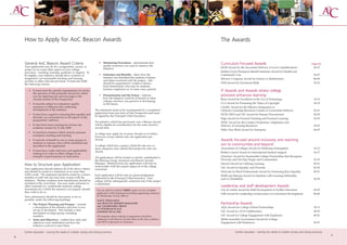 How to Apply for AoC Beacon Awards                                                                                          The Awards


    General AoC Beacon Award Criteria                                • Monitoring Procedures – demonstrate how                  Curriculum Focused Awards                                                     Page No.
    Your application may be for a programme, course, or                quality assurance was used to improve the
                                                                       initiative.                                              DCSF Award for the Successful Delivery of Level 3 Qualifications                26-27
    project or for some other aspect of your college
    provision – teaching, learning, guidance or support. To                                                                     Jardine Lloyd Thompson Benefit Solutions Award for Health and
    be eligible, your initiative should show evidence of             • Outcomes and Benefits – show how the                     Community Care                                                                  36-37
    imaginative yet sustainable teaching and learning                  initiative has benefited the students/trainees           Mercers’ Company Award for Science or Mathematics                               48-49
    practice or other relevant provision. It must also fulfil          and others involved with the project – this
                                                                       should be supported by written evidence                  OCR Award for Functional Skills                                                 52-53
    the following criteria:
                                                                       from beneficiaries who may be students,
                                                                       trainees, employers or, in some cases, parents.
       • It must meet the specific requirements set out by                                                                      IT Awards and Awards where college
         the sponsors of the particular Award for which
         you are applying (see relevant page in the                  • Dissemination and the Future – indicate                  provision enhances learning
         Awards section of the Prospectus)                             how the initiative could be of benefit to other          Becta Award for Excellence in the Use of Technology                             14-15
                                                                       colleges and how you perceive it developing
       • It must be subject to evaluation/quality                      in the future.                                           CLA Award for Promoting the Value of Copyright                                  18-19
         assurance to influence the continuing                                                                                  CoLRiC Award for the Effective Integration of
         development of the initiative                           The statement needs to be accompanied by a completed           Libraries/Learning Resources Centres in Curriculum Delivery                     20-21
                                                                 application form (see back of this Prospectus) and must
       • It must have regard to ensuring that equality and                                                                      DCSF, DIUS and LSC Award for Smarter Procurement                                28-29
                                                                 be signed by the Principal/Chief Executive.
         diversity are accounted for in all aspects of the                                                                      Edge Award for Practical Teaching and Practical Learning                        32-33
         programme’s delivery.
                                                                 No initiative which has previously won a Beacon Award          FENC Award for the Creative Production, Adaptation and
       • It must have been running for at least one              will be eligible for consideration for the same Award a        Delivery of Learning Resources                                                  34-35
         academic session by 31 July 2009                        second time.
                                                                                                                                Make Your Mark Award for Enterprise                                             46-47
       • It must have features which actively promote            A college may apply for as many Awards as it wishes.
         exemplary teaching and learning                         However, it may submit only one application per
       • It must be of benefit to one or more groups of          Award.                                                         Awards focused around inclusivity and reaching
         students or trainees who will be identified and
         described in the application                            A college which has a project which fits into two or           out to communities and beyond
                                                                 more categories may submit that project for only one           Association of Colleges Award for Widening Participation                        12-13
       • It must have wider relevance and applicability          Award.
         making it of value to other colleges as an                                                                             British Council Award for International Student Support                         16-17
         example of good practice or innovation.                 All applications will be treated as strictly confidential to   Churches’ Award for Sustainable College Partnerships that Recognise
                                                                 the Steering Group, Assessors and Beacon Awards                Diversity and Develop People and Communities                                    22-23
                                                                 Manager. Material from any application will only be            Edexcel Award for Lifelong Learning                                             30-31
    How to Structure your Application                            made public with the express approval of the college
    Your application should address all of the above criteria                                                                   LSC Award for Equality and Diversity                                            42-43
                                                                 concerned.
    and should be made in a statement of no more than                                                                           Network for Black Professionals Award for Promoting Race Equality               50-51
    3,000 words. The statement should be made by a senior        Each application will be sent an acknowledgement               RNIB and Mencap Award for Students with Learning Difficulties
    member of staff who has had close contact with the           addressed to the Principal/Chief Executive. Your               and/or Disabilities                                                             54-55
    initiative. Written evidence from beneficiaries should be    college will be subsequently contacted only if the project
    included in the word limit. You may make reference to        is shortlisted.
    other materials (i.e. multimedia material, college                                                                          Leadership and staff development Awards
    documents etc.) which the assessors can request, should        You are asked to submit THREE copies of your complete        City & Guilds Award for Staff Development in Further Education                  24-25
    they wish to do so.                                            application AND statement (including supporting evidence)    LSIS Award for Leadership of Innovation in Curriculum Development               44-45
    Your submissions should be structured, as far as               by Wednesday 22 July 2009 to:
    possible, under the following headings:                        ALICE THIAGARAJ
       • The Project: Planning and Purpose – include               AoC BEACON AWARDS MANAGER                                    Partnership Awards
                                                                   AoC CHARITABLE TRUST
         a description of the initiative and how it was                                                                         AQA Award for College/School Partnerships                                       10-11
                                                                   2-5 STEDHAM PLACE
         set up or developed. Also include a clear                                                                              LSC Award for 14-19 Collaboration                                               38-39
                                                                   LONDON WC1A 1HU
         description of target group, including
         numbers.                                                  All enquiries about making an application should be          LSC Award for College Engagement with Employers                                 40-41
       • Aims and Objectives – outline how aims and                addressed to the Beacon Awards office at the above address   Welsh Assembly Government Award for College
         objectives were established and how the                   and NOT to Sponsors or Assessors.                            Engagement with Employers                                                       56-57
         initiative evolved to meet them.

    further education - serving the needs of a better society and strong economy                                                            further education - serving the needs of a better society and strong economy
                                                                                                                                                                                                                           9
8
 