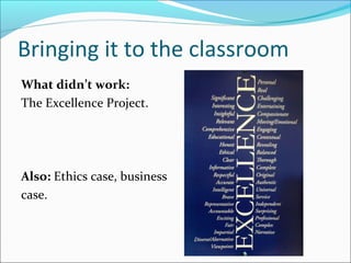 Bringing it to the classroom
What didn’t work:
The Excellence Project.
Also: Ethics case, business
case.
 