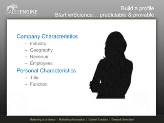 Build a profile
                   Start w/Science… predictable & provable


Company Characteristics
   –   Industry
   –   Geography
   –   Revenue
   –   Employees
Personal Characteristics
   – Title
   – Function
 