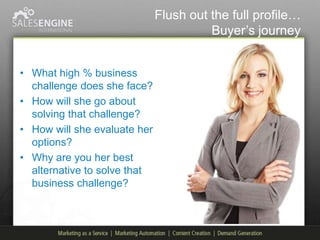 Flush out the full profile…
                                        Buyer‟s journey


• What high % business
  challenge does she face?
• How will she go about
  solving that challenge?
• How will she evaluate her
  options?
• Why are you her best
  alternative to solve that
  business challenge?
 