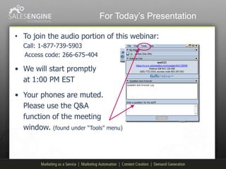 For Today‟s Presentation

• To join the audio portion of this webinar:
  Call: 1-877-739-5903
  Access code: 266-675-404

• We will start promptly
  at 1:00 PM EST

• Your phones are muted.
  Please use the Q&A
  function of the meeting
  window. (found under “Tools” menu)
 