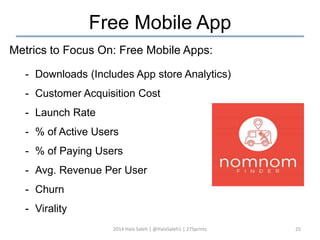 Free Mobile App 
Metrics to Focus On: Free Mobile Apps: 
- Downloads (Includes App store Analytics) 
- Customer Acquisition Cost 
- Launch Rate 
- % of Active Users 
- % of Paying Users 
- Avg. Revenue Per User 
- Churn 
- Virality 
2014 Hala Saleh | @HalaSaleh1 | 27Sprints 25 
 