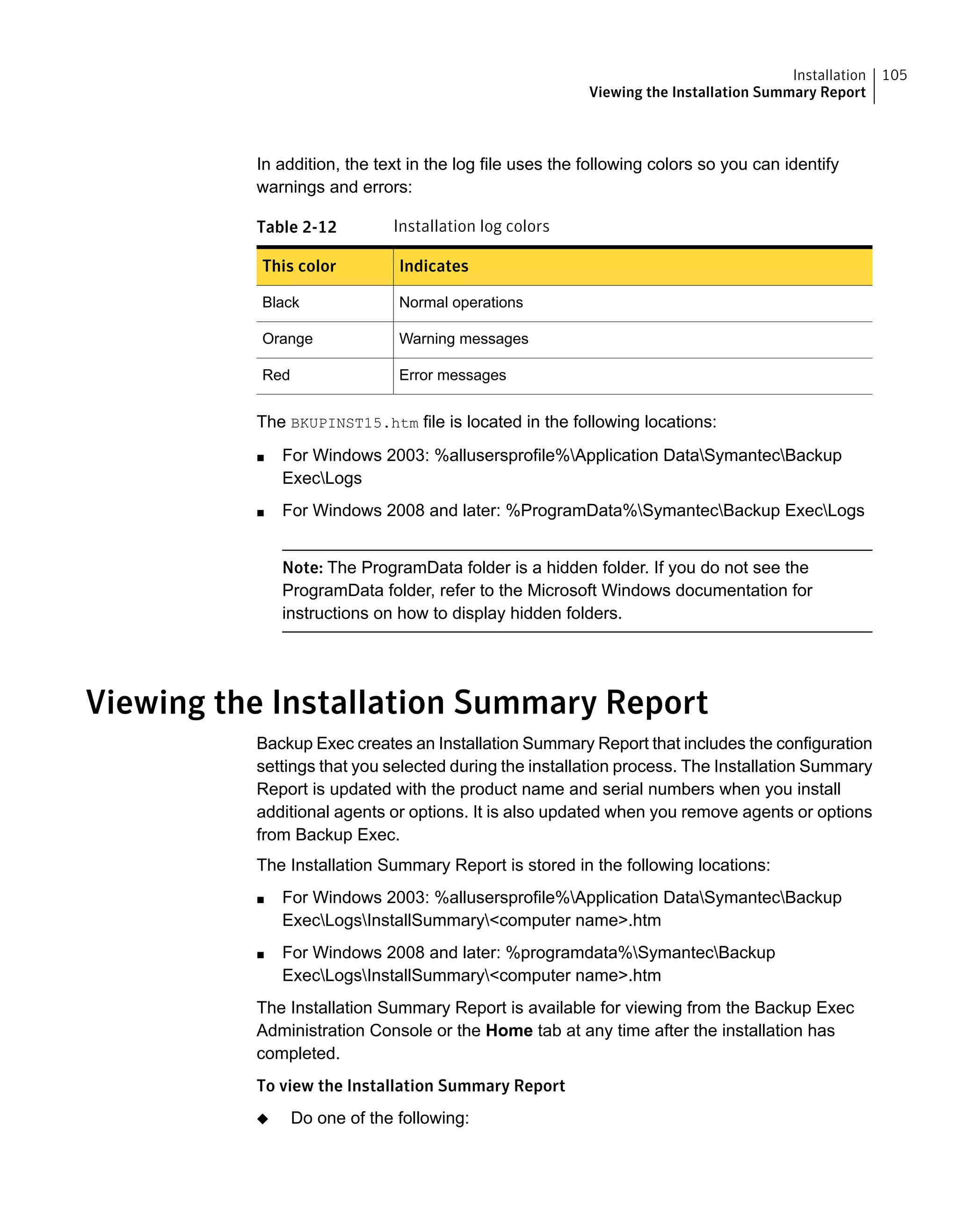 In addition, the text in the log file uses the following colors so you can identify
warnings and errors:
Table 2-12 Installation log colors
IndicatesThis color
Normal operationsBlack
Warning messagesOrange
Error messagesRed
The BKUPINST15.htm file is located in the following locations:
■ For Windows 2003: %allusersprofile%Application DataSymantecBackup
ExecLogs
■ For Windows 2008 and later: %ProgramData%SymantecBackup ExecLogs
Note: The ProgramData folder is a hidden folder. If you do not see the
ProgramData folder, refer to the Microsoft Windows documentation for
instructions on how to display hidden folders.
Viewing the Installation Summary Report
Backup Exec creates an Installation Summary Report that includes the configuration
settings that you selected during the installation process. The Installation Summary
Report is updated with the product name and serial numbers when you install
additional agents or options. It is also updated when you remove agents or options
from Backup Exec.
The Installation Summary Report is stored in the following locations:
■ For Windows 2003: %allusersprofile%Application DataSymantecBackup
ExecLogsInstallSummary<computer name>.htm
■ For Windows 2008 and later: %programdata%SymantecBackup
ExecLogsInstallSummary<computer name>.htm
The Installation Summary Report is available for viewing from the Backup Exec
Administration Console or the Home tab at any time after the installation has
completed.
To view the Installation Summary Report
◆ Do one of the following:
105Installation
Viewing the Installation Summary Report
 