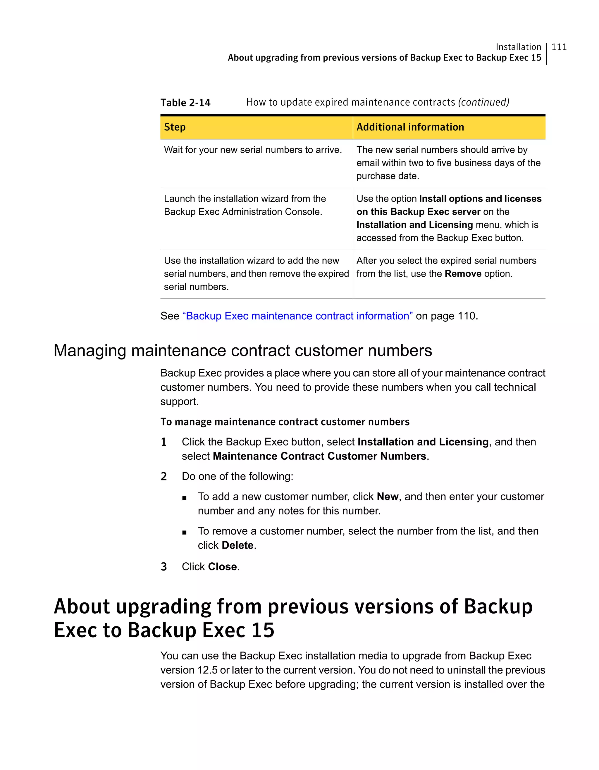 Table 2-14 How to update expired maintenance contracts (continued)
Additional informationStep
The new serial numbers should arrive by
email within two to five business days of the
purchase date.
Wait for your new serial numbers to arrive.
Use the option Install options and licenses
on this Backup Exec server on the
Installation and Licensing menu, which is
accessed from the Backup Exec button.
Launch the installation wizard from the
Backup Exec Administration Console.
After you select the expired serial numbers
from the list, use the Remove option.
Use the installation wizard to add the new
serial numbers, and then remove the expired
serial numbers.
See “Backup Exec maintenance contract information” on page 110.
Managing maintenance contract customer numbers
Backup Exec provides a place where you can store all of your maintenance contract
customer numbers. You need to provide these numbers when you call technical
support.
To manage maintenance contract customer numbers
1 Click the Backup Exec button, select Installation and Licensing, and then
select Maintenance Contract Customer Numbers.
2 Do one of the following:
■ To add a new customer number, click New, and then enter your customer
number and any notes for this number.
■ To remove a customer number, select the number from the list, and then
click Delete.
3 Click Close.
About upgrading from previous versions of Backup
Exec to Backup Exec 15
You can use the Backup Exec installation media to upgrade from Backup Exec
version 12.5 or later to the current version. You do not need to uninstall the previous
version of Backup Exec before upgrading; the current version is installed over the
111Installation
About upgrading from previous versions of Backup Exec to Backup Exec 15
 