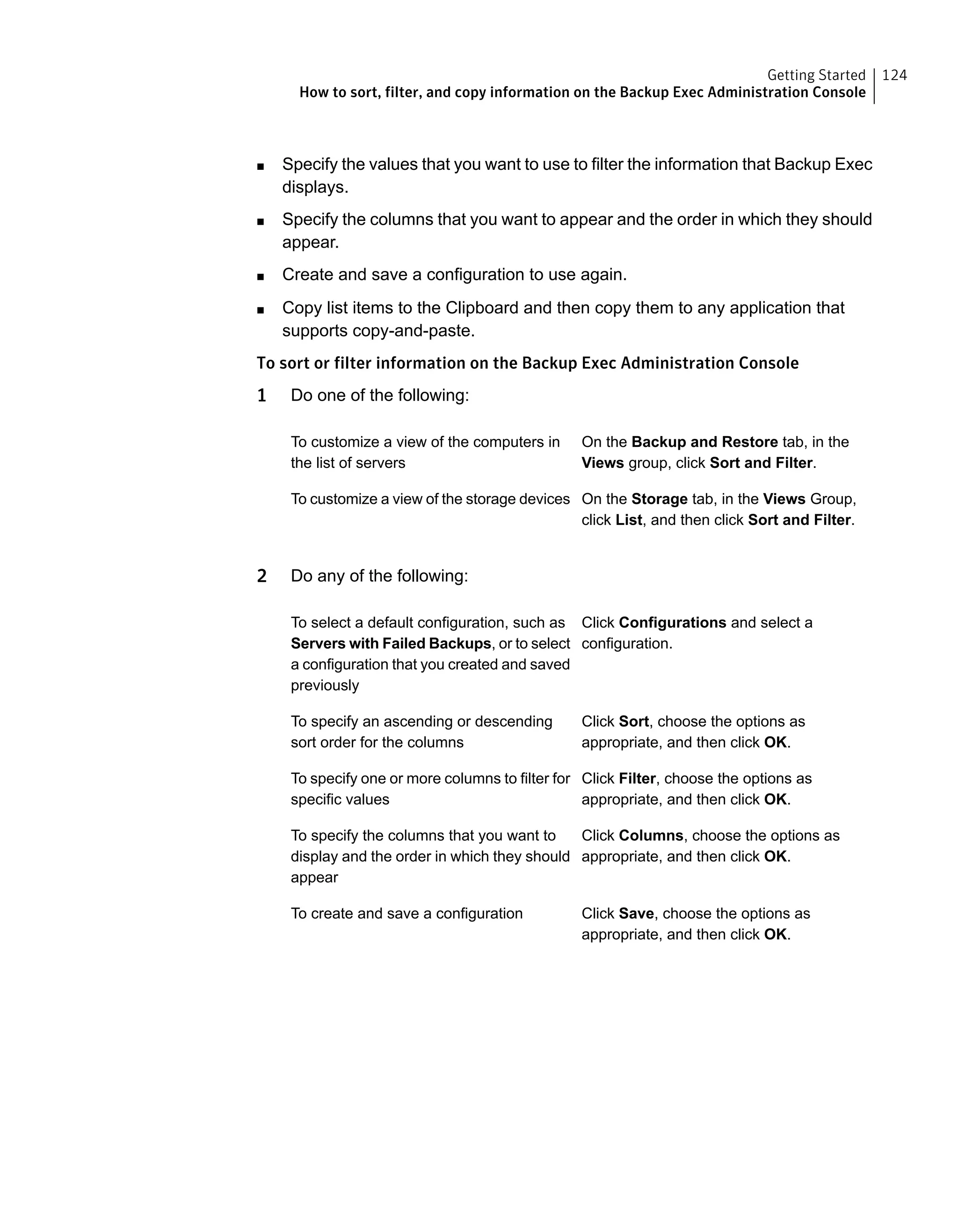 ■ Specify the values that you want to use to filter the information that Backup Exec
displays.
■ Specify the columns that you want to appear and the order in which they should
appear.
■ Create and save a configuration to use again.
■ Copy list items to the Clipboard and then copy them to any application that
supports copy-and-paste.
To sort or filter information on the Backup Exec Administration Console
1 Do one of the following:
On the Backup and Restore tab, in the
Views group, click Sort and Filter.
To customize a view of the computers in
the list of servers
On the Storage tab, in the Views Group,
click List, and then click Sort and Filter.
To customize a view of the storage devices
2 Do any of the following:
Click Configurations and select a
configuration.
To select a default configuration, such as
Servers with Failed Backups, or to select
a configuration that you created and saved
previously
Click Sort, choose the options as
appropriate, and then click OK.
To specify an ascending or descending
sort order for the columns
Click Filter, choose the options as
appropriate, and then click OK.
To specify one or more columns to filter for
specific values
Click Columns, choose the options as
appropriate, and then click OK.
To specify the columns that you want to
display and the order in which they should
appear
Click Save, choose the options as
appropriate, and then click OK.
To create and save a configuration
124Getting Started
How to sort, filter, and copy information on the Backup Exec Administration Console
 
