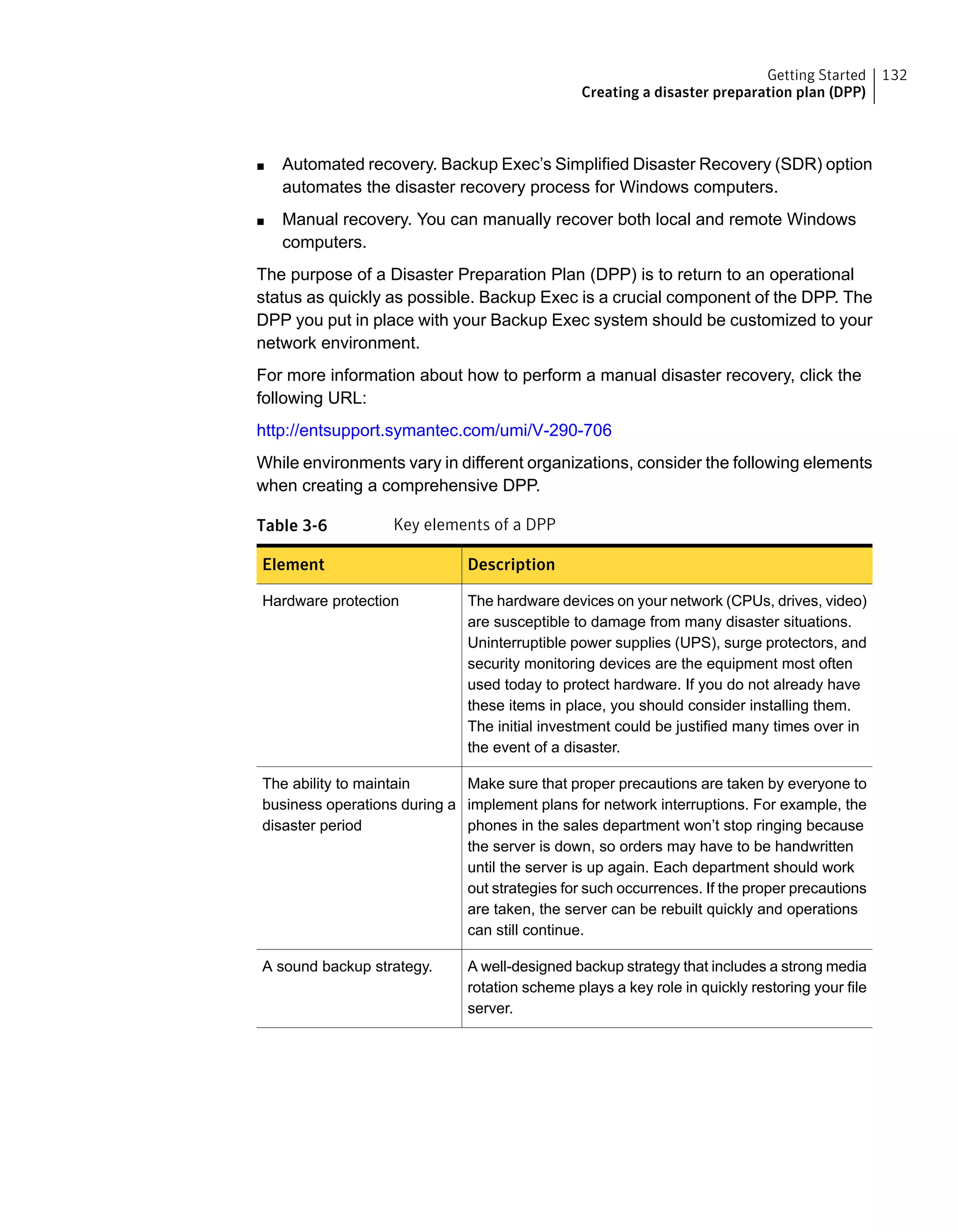 ■ Automated recovery. Backup Exec’s Simplified Disaster Recovery (SDR) option
automates the disaster recovery process for Windows computers.
■ Manual recovery. You can manually recover both local and remote Windows
computers.
The purpose of a Disaster Preparation Plan (DPP) is to return to an operational
status as quickly as possible. Backup Exec is a crucial component of the DPP. The
DPP you put in place with your Backup Exec system should be customized to your
network environment.
For more information about how to perform a manual disaster recovery, click the
following URL:
http://entsupport.symantec.com/umi/V-290-706
While environments vary in different organizations, consider the following elements
when creating a comprehensive DPP.
Table 3-6 Key elements of a DPP
DescriptionElement
The hardware devices on your network (CPUs, drives, video)
are susceptible to damage from many disaster situations.
Uninterruptible power supplies (UPS), surge protectors, and
security monitoring devices are the equipment most often
used today to protect hardware. If you do not already have
these items in place, you should consider installing them.
The initial investment could be justified many times over in
the event of a disaster.
Hardware protection
Make sure that proper precautions are taken by everyone to
implement plans for network interruptions. For example, the
phones in the sales department won’t stop ringing because
the server is down, so orders may have to be handwritten
until the server is up again. Each department should work
out strategies for such occurrences. If the proper precautions
are taken, the server can be rebuilt quickly and operations
can still continue.
The ability to maintain
business operations during a
disaster period
A well-designed backup strategy that includes a strong media
rotation scheme plays a key role in quickly restoring your file
server.
A sound backup strategy.
132Getting Started
Creating a disaster preparation plan (DPP)
 