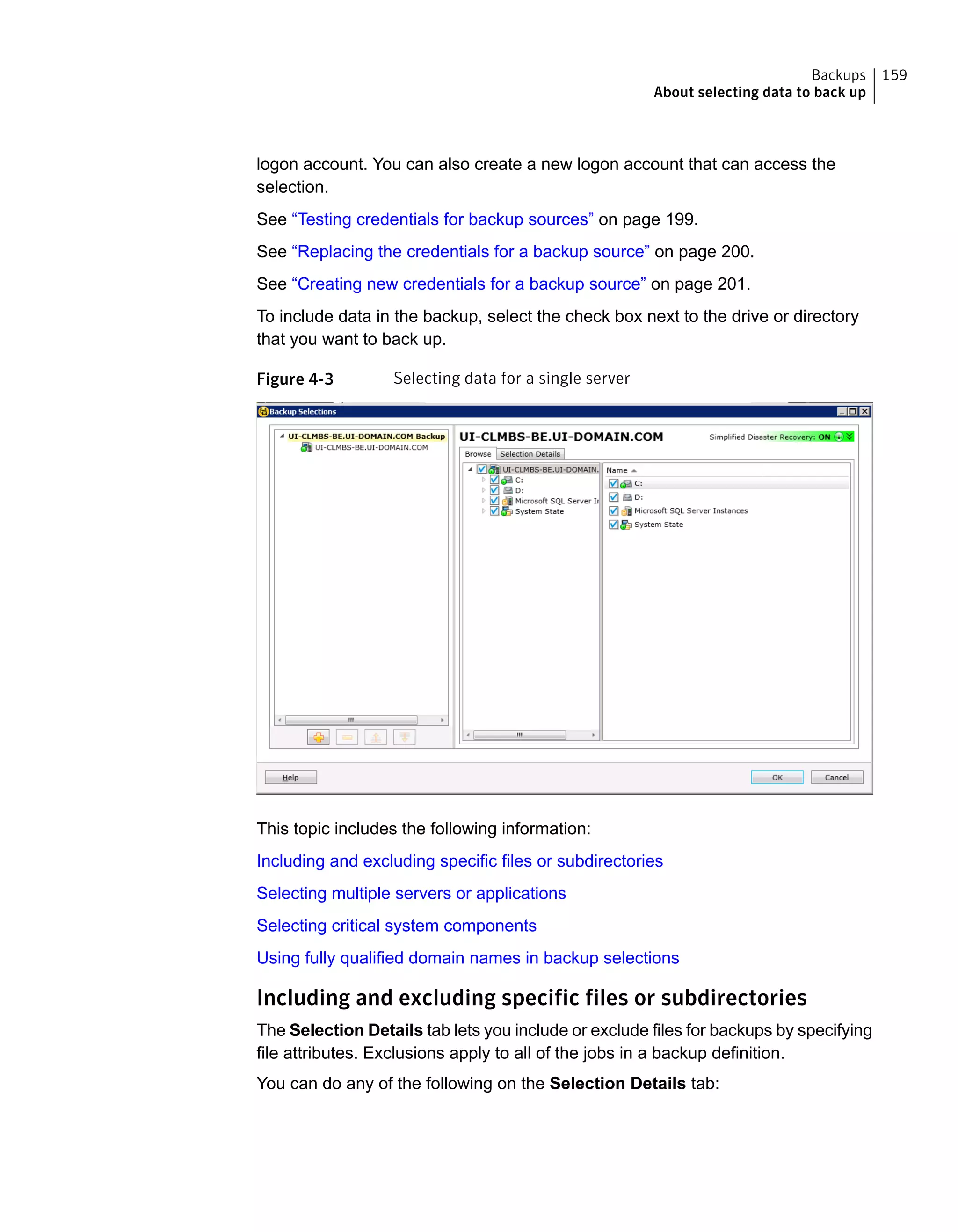 logon account. You can also create a new logon account that can access the
selection.
See “Testing credentials for backup sources” on page 199.
See “Replacing the credentials for a backup source” on page 200.
See “Creating new credentials for a backup source” on page 201.
To include data in the backup, select the check box next to the drive or directory
that you want to back up.
Figure 4-3 Selecting data for a single server
This topic includes the following information:
Including and excluding specific files or subdirectories
Selecting multiple servers or applications
Selecting critical system components
Using fully qualified domain names in backup selections
Including and excluding specific files or subdirectories
The Selection Details tab lets you include or exclude files for backups by specifying
file attributes. Exclusions apply to all of the jobs in a backup definition.
You can do any of the following on the Selection Details tab:
159Backups
About selecting data to back up
 