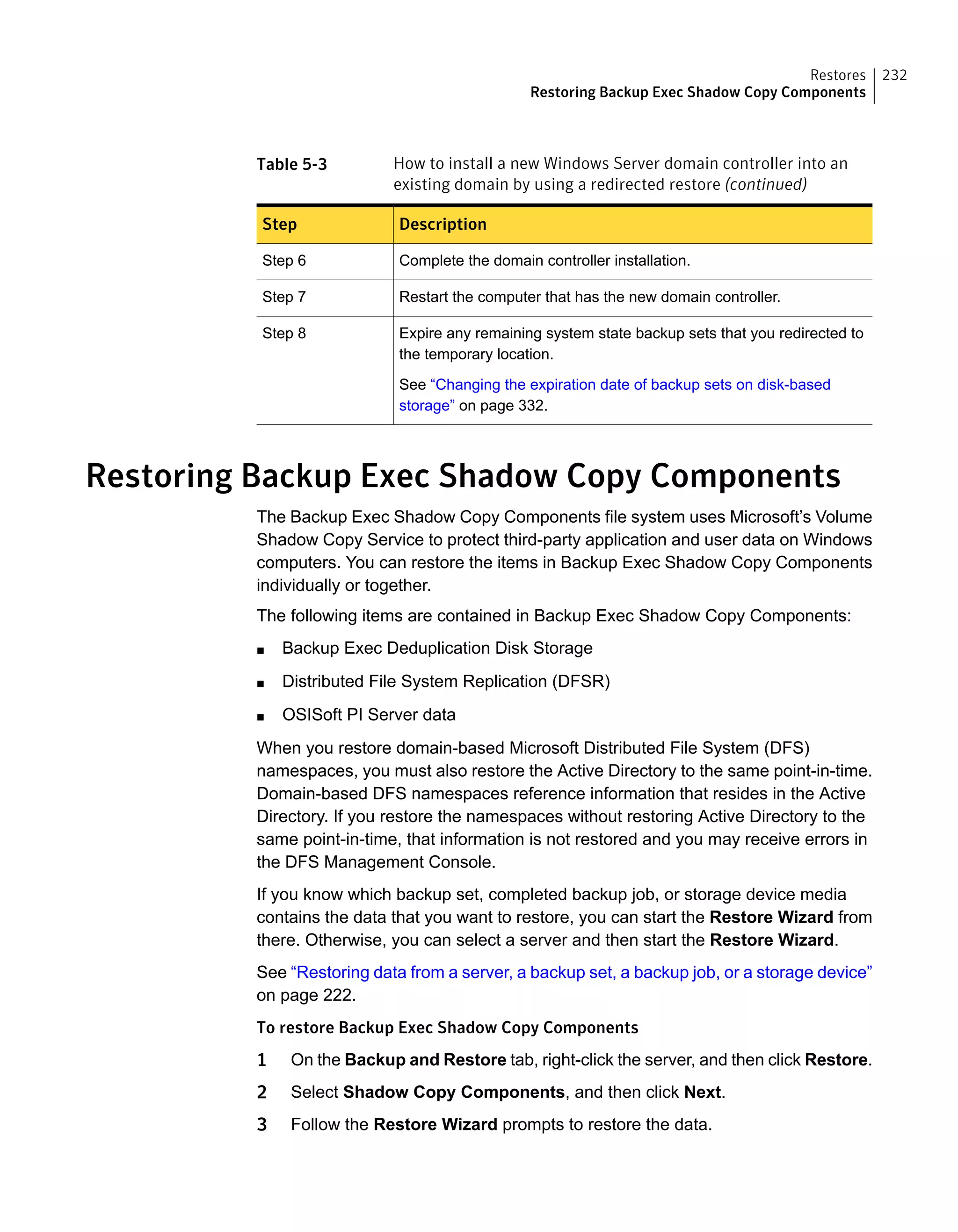 Table 5-3 How to install a new Windows Server domain controller into an
existing domain by using a redirected restore (continued)
DescriptionStep
Complete the domain controller installation.Step 6
Restart the computer that has the new domain controller.Step 7
Expire any remaining system state backup sets that you redirected to
the temporary location.
See “Changing the expiration date of backup sets on disk-based
storage” on page 332.
Step 8
Restoring Backup Exec Shadow Copy Components
The Backup Exec Shadow Copy Components file system uses Microsoft’s Volume
Shadow Copy Service to protect third-party application and user data on Windows
computers. You can restore the items in Backup Exec Shadow Copy Components
individually or together.
The following items are contained in Backup Exec Shadow Copy Components:
■ Backup Exec Deduplication Disk Storage
■ Distributed File System Replication (DFSR)
■ OSISoft PI Server data
When you restore domain-based Microsoft Distributed File System (DFS)
namespaces, you must also restore the Active Directory to the same point-in-time.
Domain-based DFS namespaces reference information that resides in the Active
Directory. If you restore the namespaces without restoring Active Directory to the
same point-in-time, that information is not restored and you may receive errors in
the DFS Management Console.
If you know which backup set, completed backup job, or storage device media
contains the data that you want to restore, you can start the Restore Wizard from
there. Otherwise, you can select a server and then start the Restore Wizard.
See “Restoring data from a server, a backup set, a backup job, or a storage device”
on page 222.
To restore Backup Exec Shadow Copy Components
1 On the Backup and Restore tab, right-click the server, and then click Restore.
2 Select Shadow Copy Components, and then click Next.
3 Follow the Restore Wizard prompts to restore the data.
232Restores
Restoring Backup Exec Shadow Copy Components
 