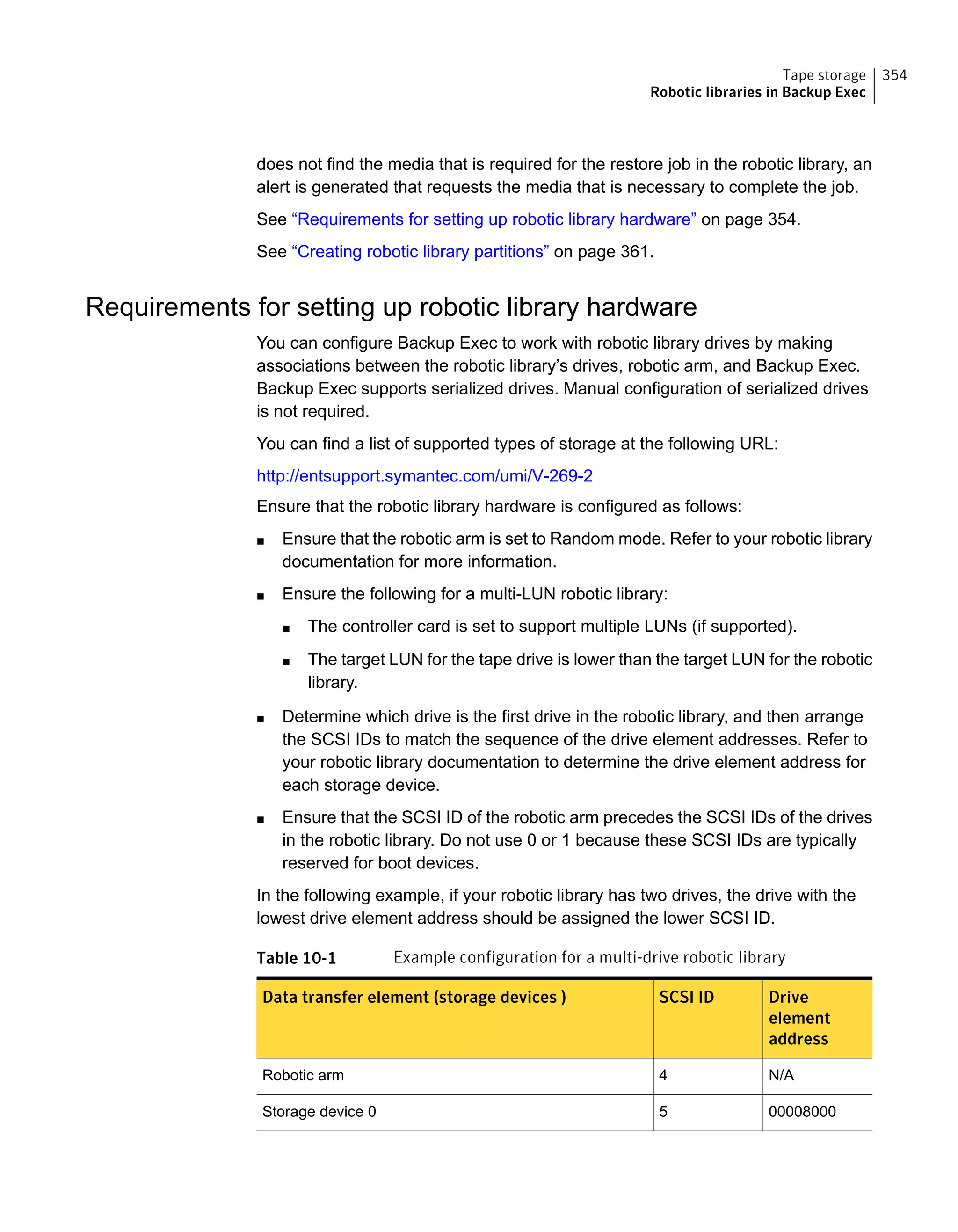 does not find the media that is required for the restore job in the robotic library, an
alert is generated that requests the media that is necessary to complete the job.
See “Requirements for setting up robotic library hardware” on page 354.
See “Creating robotic library partitions” on page 361.
Requirements for setting up robotic library hardware
You can configure Backup Exec to work with robotic library drives by making
associations between the robotic library’s drives, robotic arm, and Backup Exec.
Backup Exec supports serialized drives. Manual configuration of serialized drives
is not required.
You can find a list of supported types of storage at the following URL:
http://entsupport.symantec.com/umi/V-269-2
Ensure that the robotic library hardware is configured as follows:
■ Ensure that the robotic arm is set to Random mode. Refer to your robotic library
documentation for more information.
■ Ensure the following for a multi-LUN robotic library:
■ The controller card is set to support multiple LUNs (if supported).
■ The target LUN for the tape drive is lower than the target LUN for the robotic
library.
■ Determine which drive is the first drive in the robotic library, and then arrange
the SCSI IDs to match the sequence of the drive element addresses. Refer to
your robotic library documentation to determine the drive element address for
each storage device.
■ Ensure that the SCSI ID of the robotic arm precedes the SCSI IDs of the drives
in the robotic library. Do not use 0 or 1 because these SCSI IDs are typically
reserved for boot devices.
In the following example, if your robotic library has two drives, the drive with the
lowest drive element address should be assigned the lower SCSI ID.
Table 10-1 Example configuration for a multi-drive robotic library
Drive
element
address
SCSI IDData transfer element (storage devices )
N/A4Robotic arm
000080005Storage device 0
354Tape storage
Robotic libraries in Backup Exec
 