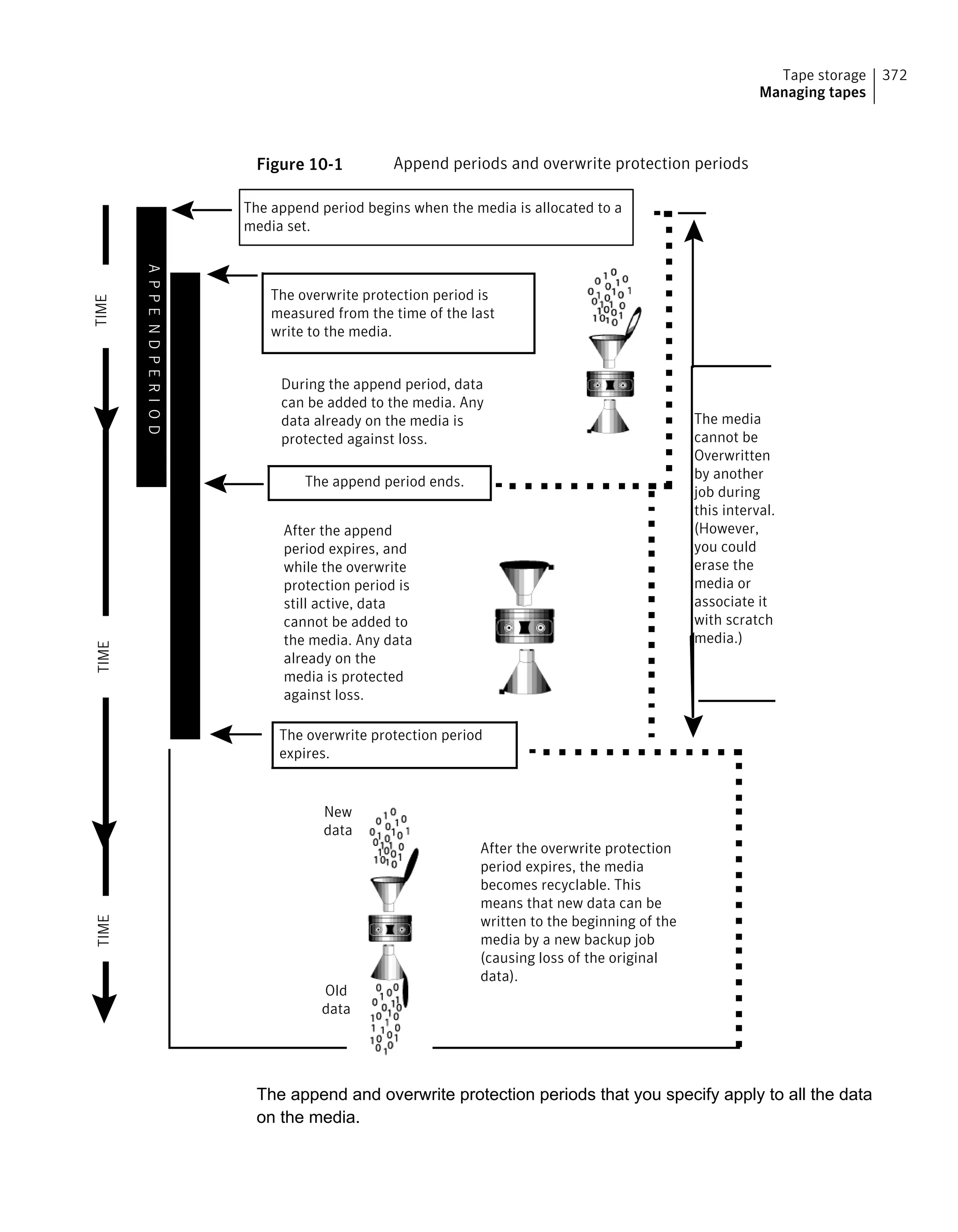 Figure 10-1 Append periods and overwrite protection periods
The append period begins when the media is allocated to a
media set.
APPENDPERIOD
OVERWRITEPROTECTIONPERIOD
The overwrite protection period is
measured from the time of the last
write to the media.
During the append period, data
can be added to the media. Any
data already on the media is
protected against loss.
The append period ends.
After the append
period expires, and
while the overwrite
protection period is
still active, data
cannot be added to
the media. Any data
already on the
media is protected
against loss.
The overwrite protection period
expires.
After the overwrite protection
period expires, the media
becomes recyclable. This
means that new data can be
written to the beginning of the
media by a new backup job
(causing loss of the original
data).
New
data
Old
data
TIMETIMETIME
The media
cannot be
Overwritten
by another
job during
this interval.
(However,
you could
erase the
media or
associate it
with scratch
media.)
The append and overwrite protection periods that you specify apply to all the data
on the media.
372Tape storage
Managing tapes
 