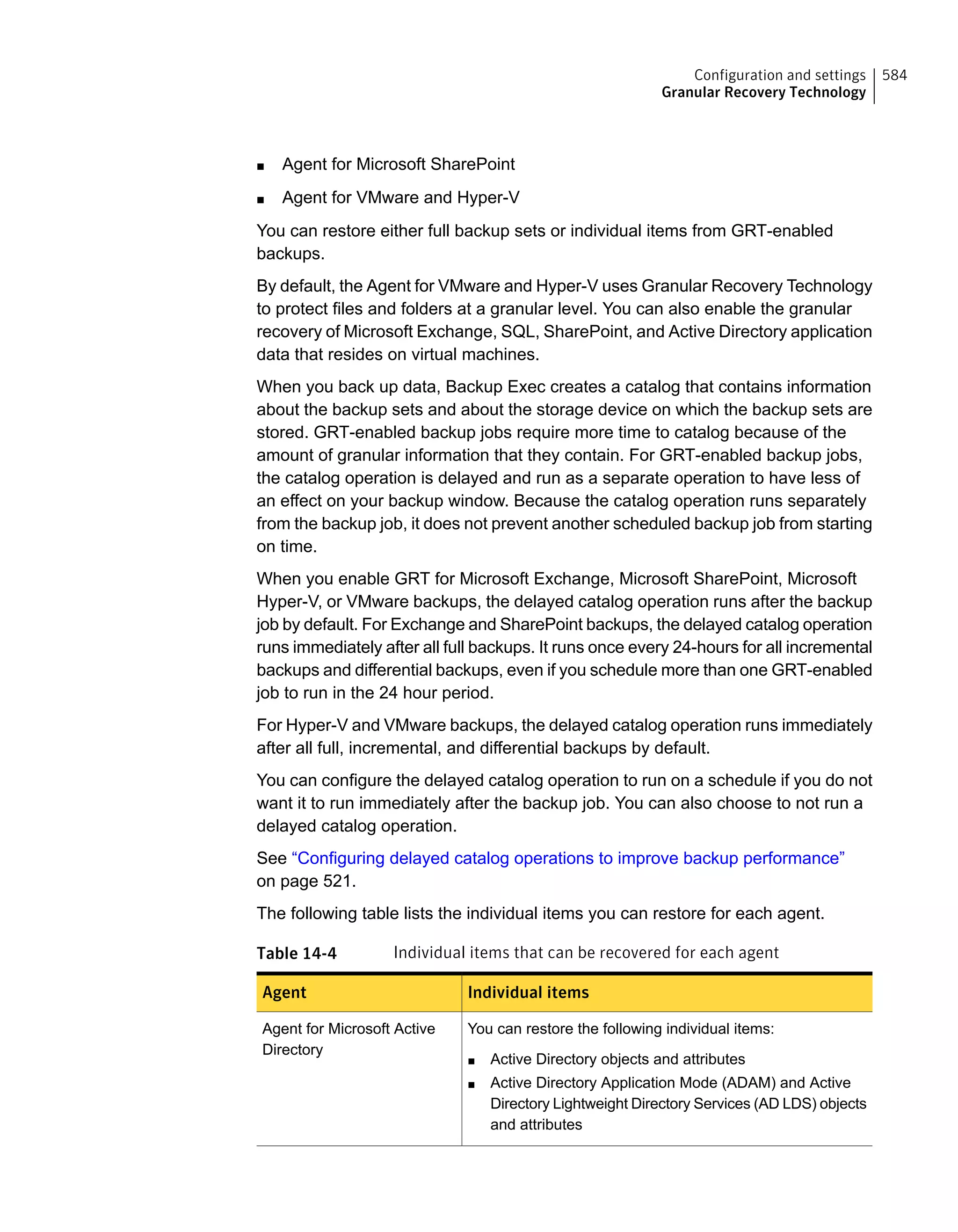 ■ Agent for Microsoft SharePoint
■ Agent for VMware and Hyper-V
You can restore either full backup sets or individual items from GRT-enabled
backups.
By default, the Agent for VMware and Hyper-V uses Granular Recovery Technology
to protect files and folders at a granular level. You can also enable the granular
recovery of Microsoft Exchange, SQL, SharePoint, and Active Directory application
data that resides on virtual machines.
When you back up data, Backup Exec creates a catalog that contains information
about the backup sets and about the storage device on which the backup sets are
stored. GRT-enabled backup jobs require more time to catalog because of the
amount of granular information that they contain. For GRT-enabled backup jobs,
the catalog operation is delayed and run as a separate operation to have less of
an effect on your backup window. Because the catalog operation runs separately
from the backup job, it does not prevent another scheduled backup job from starting
on time.
When you enable GRT for Microsoft Exchange, Microsoft SharePoint, Microsoft
Hyper-V, or VMware backups, the delayed catalog operation runs after the backup
job by default. For Exchange and SharePoint backups, the delayed catalog operation
runs immediately after all full backups. It runs once every 24-hours for all incremental
backups and differential backups, even if you schedule more than one GRT-enabled
job to run in the 24 hour period.
For Hyper-V and VMware backups, the delayed catalog operation runs immediately
after all full, incremental, and differential backups by default.
You can configure the delayed catalog operation to run on a schedule if you do not
want it to run immediately after the backup job. You can also choose to not run a
delayed catalog operation.
See “Configuring delayed catalog operations to improve backup performance”
on page 521.
The following table lists the individual items you can restore for each agent.
Table 14-4 Individual items that can be recovered for each agent
Individual itemsAgent
You can restore the following individual items:
■ Active Directory objects and attributes
■ Active Directory Application Mode (ADAM) and Active
Directory Lightweight Directory Services (AD LDS) objects
and attributes
Agent for Microsoft Active
Directory
584Configuration and settings
Granular Recovery Technology
 