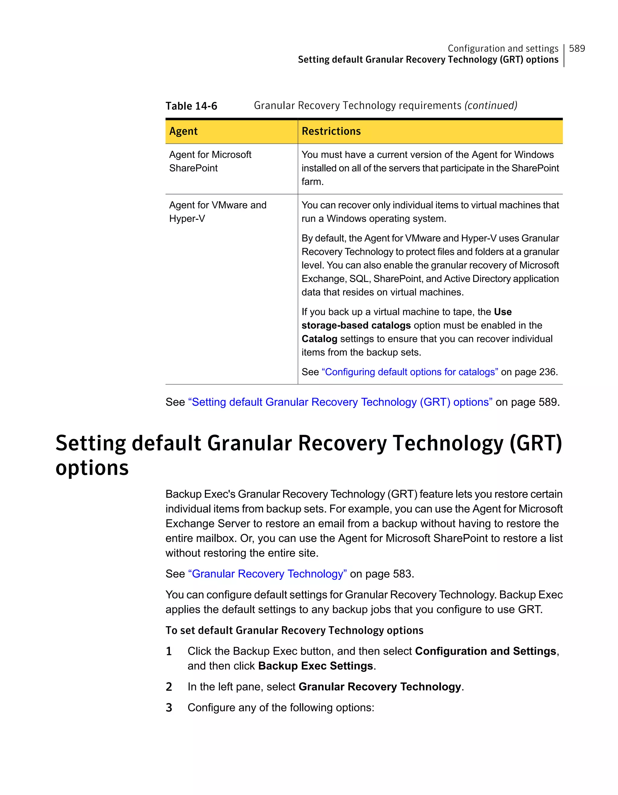 Table 14-6 Granular Recovery Technology requirements (continued)
RestrictionsAgent
You must have a current version of the Agent for Windows
installed on all of the servers that participate in the SharePoint
farm.
Agent for Microsoft
SharePoint
You can recover only individual items to virtual machines that
run a Windows operating system.
By default, the Agent for VMware and Hyper-V uses Granular
Recovery Technology to protect files and folders at a granular
level. You can also enable the granular recovery of Microsoft
Exchange, SQL, SharePoint, and Active Directory application
data that resides on virtual machines.
If you back up a virtual machine to tape, the Use
storage-based catalogs option must be enabled in the
Catalog settings to ensure that you can recover individual
items from the backup sets.
See “Configuring default options for catalogs” on page 236.
Agent for VMware and
Hyper-V
See “Setting default Granular Recovery Technology (GRT) options” on page 589.
Setting default Granular Recovery Technology (GRT)
options
Backup Exec's Granular Recovery Technology (GRT) feature lets you restore certain
individual items from backup sets. For example, you can use the Agent for Microsoft
Exchange Server to restore an email from a backup without having to restore the
entire mailbox. Or, you can use the Agent for Microsoft SharePoint to restore a list
without restoring the entire site.
See “Granular Recovery Technology” on page 583.
You can configure default settings for Granular Recovery Technology. Backup Exec
applies the default settings to any backup jobs that you configure to use GRT.
To set default Granular Recovery Technology options
1 Click the Backup Exec button, and then select Configuration and Settings,
and then click Backup Exec Settings.
2 In the left pane, select Granular Recovery Technology.
3 Configure any of the following options:
589Configuration and settings
Setting default Granular Recovery Technology (GRT) options
 