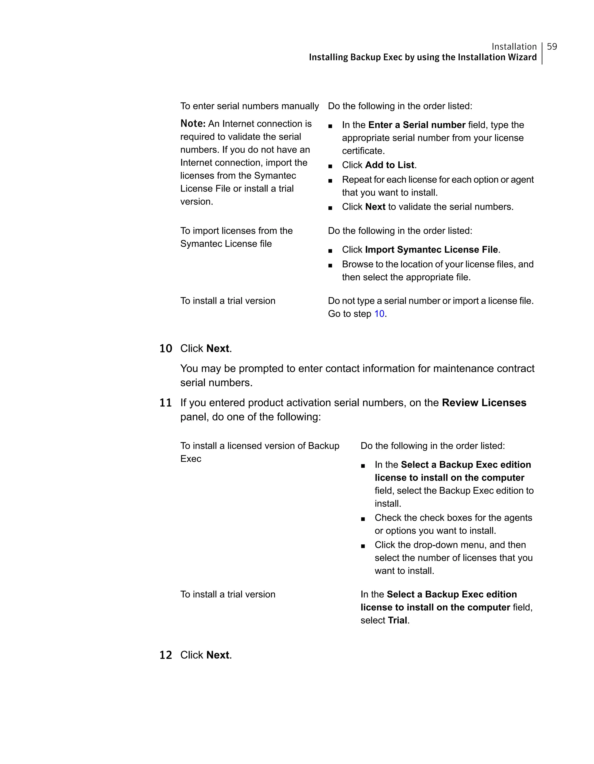 Do the following in the order listed:
■ In the Enter a Serial number field, type the
appropriate serial number from your license
certificate.
■ Click Add to List.
■ Repeat for each license for each option or agent
that you want to install.
■ Click Next to validate the serial numbers.
To enter serial numbers manually
Note: An Internet connection is
required to validate the serial
numbers. If you do not have an
Internet connection, import the
licenses from the Symantec
License File or install a trial
version.
Do the following in the order listed:
■ Click Import Symantec License File.
■ Browse to the location of your license files, and
then select the appropriate file.
To import licenses from the
Symantec License file
Do not type a serial number or import a license file.
Go to step 10.
To install a trial version
10 Click Next.
You may be prompted to enter contact information for maintenance contract
serial numbers.
11 If you entered product activation serial numbers, on the Review Licenses
panel, do one of the following:
Do the following in the order listed:
■ In the Select a Backup Exec edition
license to install on the computer
field, select the Backup Exec edition to
install.
■ Check the check boxes for the agents
or options you want to install.
■ Click the drop-down menu, and then
select the number of licenses that you
want to install.
To install a licensed version of Backup
Exec
In the Select a Backup Exec edition
license to install on the computer field,
select Trial.
To install a trial version
12 Click Next.
59Installation
Installing Backup Exec by using the Installation Wizard
 