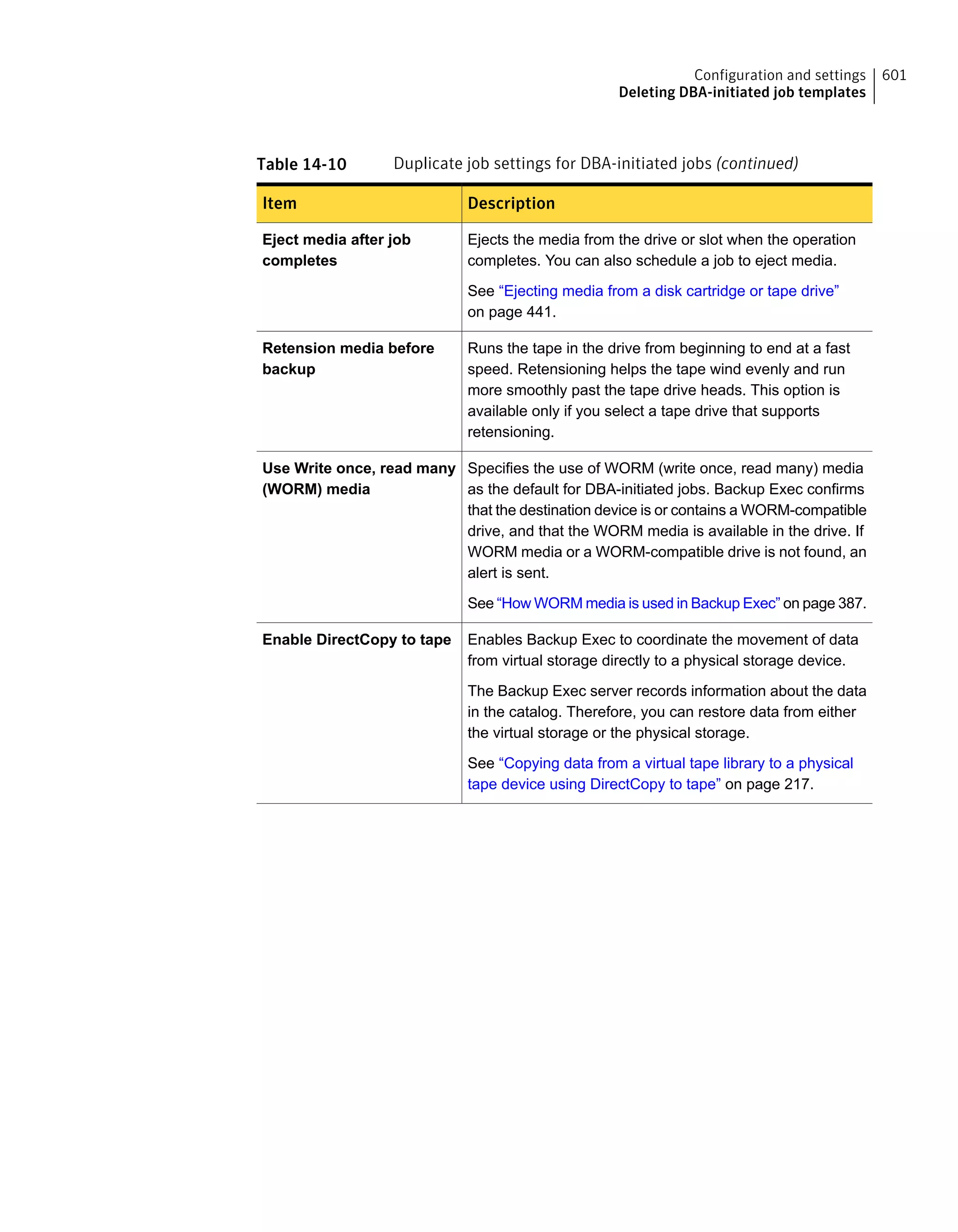 Table 14-10 Duplicate job settings for DBA-initiated jobs (continued)
DescriptionItem
Ejects the media from the drive or slot when the operation
completes. You can also schedule a job to eject media.
See “Ejecting media from a disk cartridge or tape drive”
on page 441.
Eject media after job
completes
Runs the tape in the drive from beginning to end at a fast
speed. Retensioning helps the tape wind evenly and run
more smoothly past the tape drive heads. This option is
available only if you select a tape drive that supports
retensioning.
Retension media before
backup
Specifies the use of WORM (write once, read many) media
as the default for DBA-initiated jobs. Backup Exec confirms
that the destination device is or contains a WORM-compatible
drive, and that the WORM media is available in the drive. If
WORM media or a WORM-compatible drive is not found, an
alert is sent.
See “How WORM media is used in Backup Exec” on page 387.
Use Write once, read many
(WORM) media
Enables Backup Exec to coordinate the movement of data
from virtual storage directly to a physical storage device.
The Backup Exec server records information about the data
in the catalog. Therefore, you can restore data from either
the virtual storage or the physical storage.
See “Copying data from a virtual tape library to a physical
tape device using DirectCopy to tape” on page 217.
Enable DirectCopy to tape
601Configuration and settings
Deleting DBA-initiated job templates
 