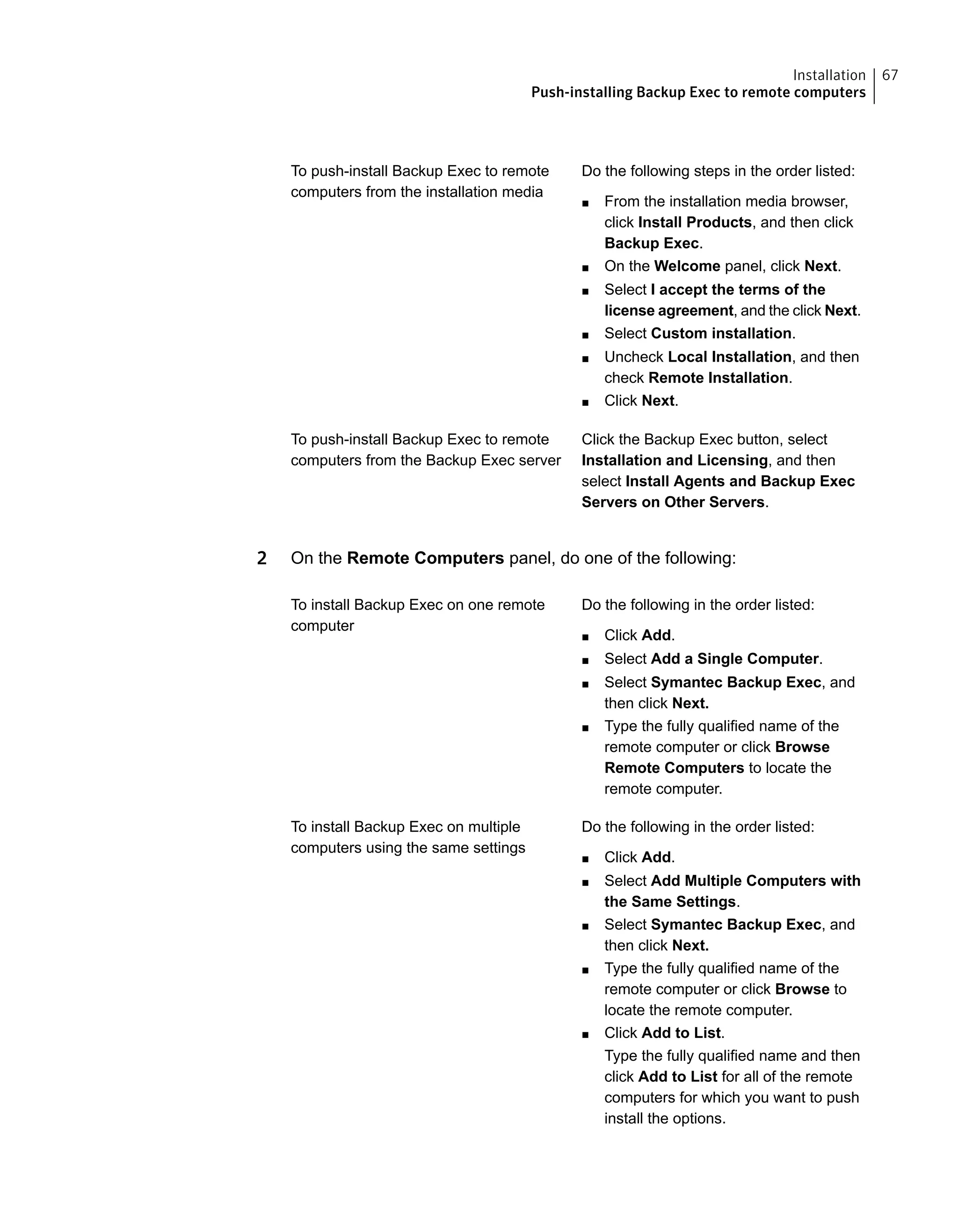 Do the following steps in the order listed:
■ From the installation media browser,
click Install Products, and then click
Backup Exec.
■ On the Welcome panel, click Next.
■ Select I accept the terms of the
license agreement, and the click Next.
■ Select Custom installation.
■ Uncheck Local Installation, and then
check Remote Installation.
■ Click Next.
To push-install Backup Exec to remote
computers from the installation media
Click the Backup Exec button, select
Installation and Licensing, and then
select Install Agents and Backup Exec
Servers on Other Servers.
To push-install Backup Exec to remote
computers from the Backup Exec server
2 On the Remote Computers panel, do one of the following:
Do the following in the order listed:
■ Click Add.
■ Select Add a Single Computer.
■ Select Symantec Backup Exec, and
then click Next.
■ Type the fully qualified name of the
remote computer or click Browse
Remote Computers to locate the
remote computer.
To install Backup Exec on one remote
computer
Do the following in the order listed:
■ Click Add.
■ Select Add Multiple Computers with
the Same Settings.
■ Select Symantec Backup Exec, and
then click Next.
■ Type the fully qualified name of the
remote computer or click Browse to
locate the remote computer.
■ Click Add to List.
Type the fully qualified name and then
click Add to List for all of the remote
computers for which you want to push
install the options.
To install Backup Exec on multiple
computers using the same settings
67Installation
Push-installing Backup Exec to remote computers
 