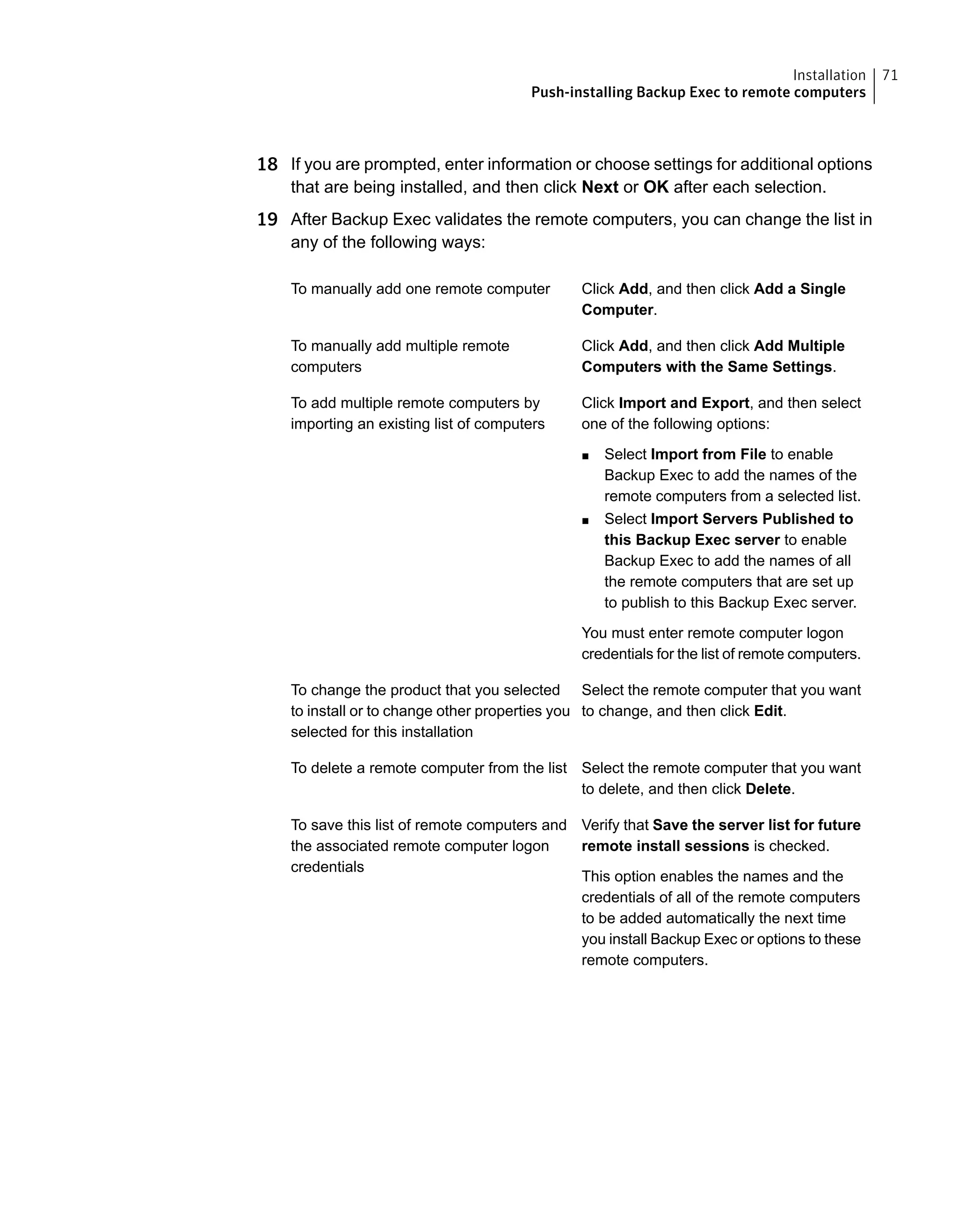 18 If you are prompted, enter information or choose settings for additional options
that are being installed, and then click Next or OK after each selection.
19 After Backup Exec validates the remote computers, you can change the list in
any of the following ways:
Click Add, and then click Add a Single
Computer.
To manually add one remote computer
Click Add, and then click Add Multiple
Computers with the Same Settings.
To manually add multiple remote
computers
Click Import and Export, and then select
one of the following options:
■ Select Import from File to enable
Backup Exec to add the names of the
remote computers from a selected list.
■ Select Import Servers Published to
this Backup Exec server to enable
Backup Exec to add the names of all
the remote computers that are set up
to publish to this Backup Exec server.
You must enter remote computer logon
credentials for the list of remote computers.
To add multiple remote computers by
importing an existing list of computers
Select the remote computer that you want
to change, and then click Edit.
To change the product that you selected
to install or to change other properties you
selected for this installation
Select the remote computer that you want
to delete, and then click Delete.
To delete a remote computer from the list
Verify that Save the server list for future
remote install sessions is checked.
This option enables the names and the
credentials of all of the remote computers
to be added automatically the next time
you install Backup Exec or options to these
remote computers.
To save this list of remote computers and
the associated remote computer logon
credentials
71Installation
Push-installing Backup Exec to remote computers
 
