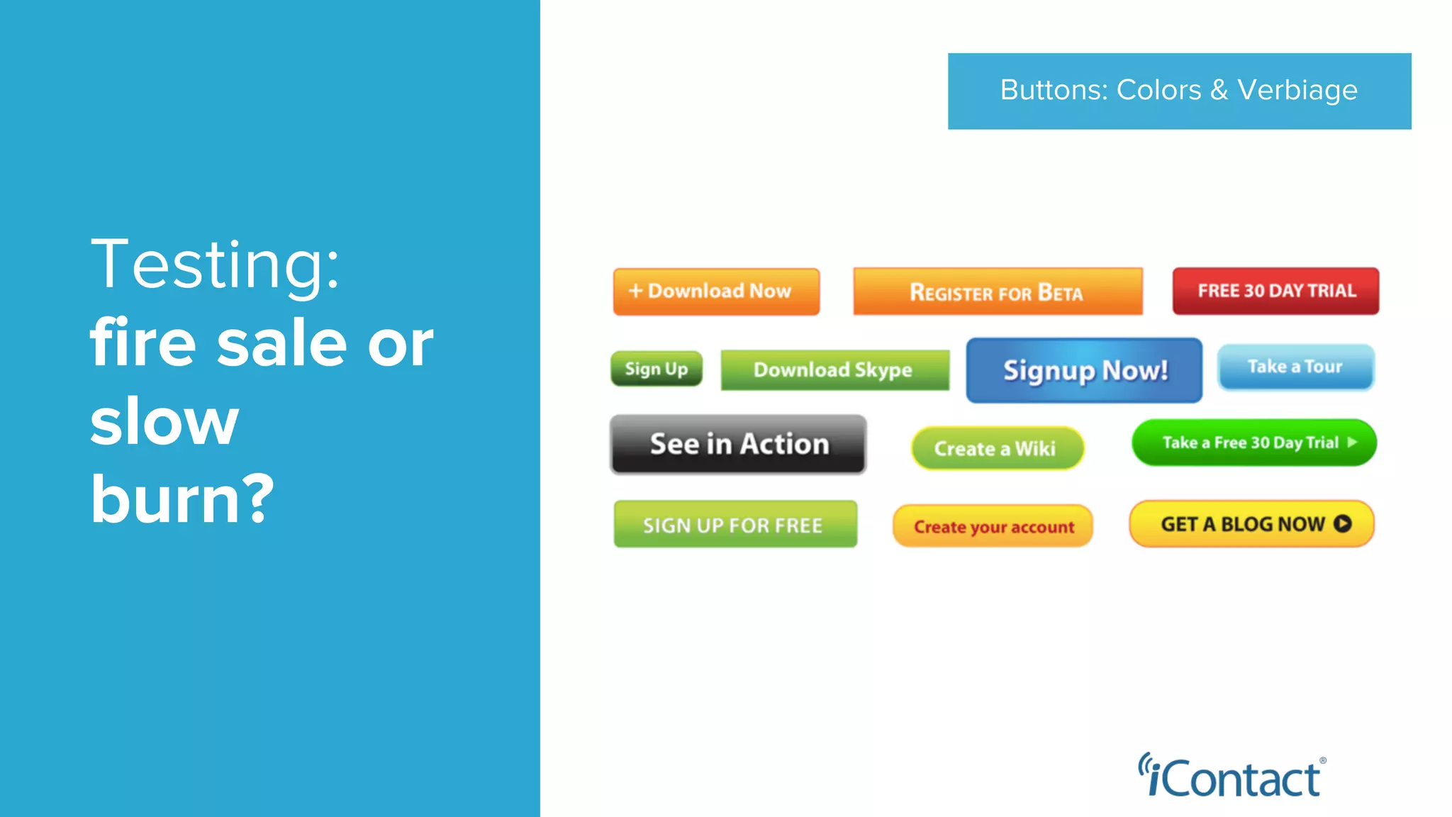 Buttons: Colors & Verbiage
Testing:
fire sale or
slow
burn?
 