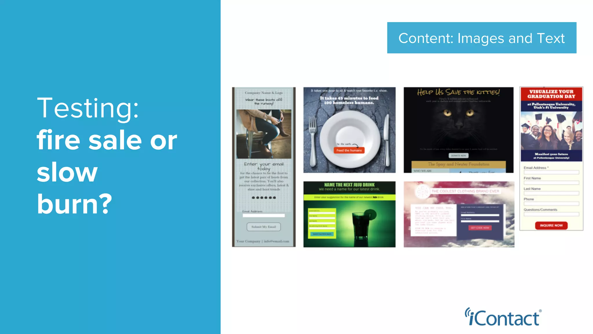 Content: Images and Text
Testing:
fire sale or
slow
burn?
 