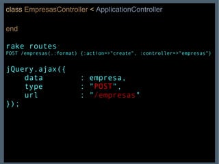 class   EmpresasController   <   ApplicationController end rake routes POST /empresas(.:format) {:action=>"create", :controller=>"empresas"} jQuery.ajax({  data  : empresa, type  : " POST ", url  : " /empresas " }); 