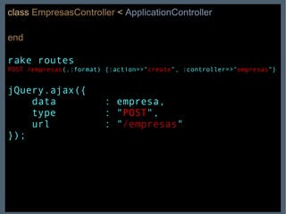 class   EmpresasController   <   ApplicationController end rake routes POST   /empresas (.:format) {:action=>" create ", :controller=>" empresas "} jQuery.ajax({  data  : empresa, type  : " POST ", url  : " /empresas " }); 