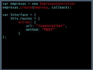 var empresas = new  EmpresasController empresas. create ( empresa , callback); var Interface = { this.routes = { action : { url:  "/controller" , method:  "POST" } }; 