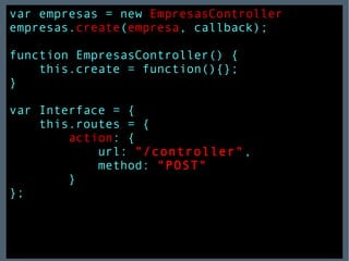 var empresas = new  EmpresasController empresas. create ( empresa , callback); function EmpresasController() { this.create = function(){}; } var Interface = { this.routes = { action : { url:  "/controller" , method:  "POST" } }; 