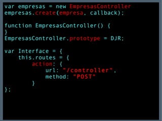 var empresas = new  EmpresasController empresas. create ( empresa , callback); function EmpresasController() { } EmpresasController. prototype  = DJR; var Interface = { this.routes = { action : { url:  "/controller" , method:  "POST" } }; 