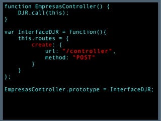 function EmpresasController() { DJR.call(this); } var InterfaceDJR = function(){ this.routes = { create : { url:  "/controller" , method:  "POST" } } }; EmpresasController.prototype = InterfaceDJR; 