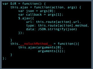 var DJR = function() { this.ajax = function(action, args) { var json = args[0]; var callback = args[1]; $.ajax({ url: this.route[action].url, type: this.route[action].method, data: JSON.stringify(json) }); } this. __noSuchMethod__  = function(){ this.ajax(arguments[0],  arguments[1]); } }; 