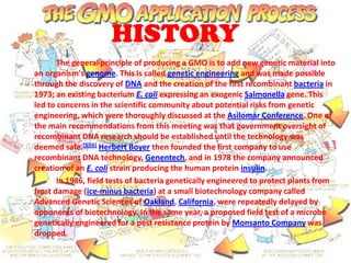 HISTORY		The general principle of producing a GMO is to add new genetic material into an organism's genome. This is called genetic engineering and was made possible through the discovery of DNA and the creation of the first recombinant bacteria in 1973; an existing bacterium E. coli expressing an exogenicSalmonella gene. This led to concerns in the scientific community about potential risks from genetic engineering, which were thoroughly discussed at the Asilomar Conference. One of the main recommendations from this meeting was that government oversight of recombinant DNA research should be established until the technology was deemed safe.[5][6]Herbert Boyer then founded the first company to use recombinant DNA technology, Genentech, and in 1978 the company announced creation of an E. coli strain producing the human protein insulin.		In 1986, field tests of bacteria genetically engineered to protect plants from frost damage (ice-minus bacteria) at a small biotechnology company called Advanced Genetic Sciences of Oakland, California, were repeatedly delayed by opponents of biotechnology. In the same year, a proposed field test of a microbe genetically engineered for a pest resistance protein by Monsanto Company was dropped.