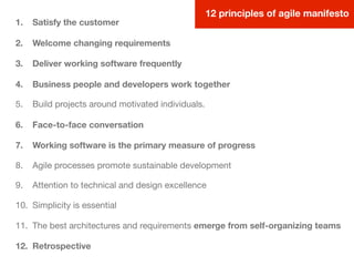 1. Satisfy the customer
2. Welcome changing requirements
3. Deliver working software frequently
4. Business people and developers work together
5. Build projects around motivated individuals.
6. Face-to-face conversation
7. Working software is the primary measure of progress
8. Agile processes promote sustainable development
9. Attention to technical and design excellence
10. Simplicity is essential
11. The best architectures and requirements emerge from self-organizing teams
12. Retrospective
12 principles of agile manifesto
 