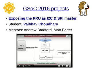 GSoC 2016 projects
● Exposing the PRU as I2C & SPI master
● Student: Vaibhav Choudhary
● Mentors: Andrew Bradford, Matt Porter
 