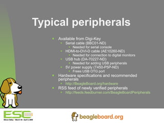 Typical peripherals Available from Digi-Key Serial cable (BBC01-ND) Needed for serial console HDMI-to-DVI-D cable (AE10260-ND) Needed for connection to digital monitors USB hub (DA-70227-ND) Needed for adding USB peripherals 5V power supply (T450-P5P-ND) Frees USB OTG port Hardware specifications and recommended peripherals http://BeagleBoard.org/hardware RSS feed of newly verified peripherals http://feeds.feedburner.com/BeagleBoardPeripherals 